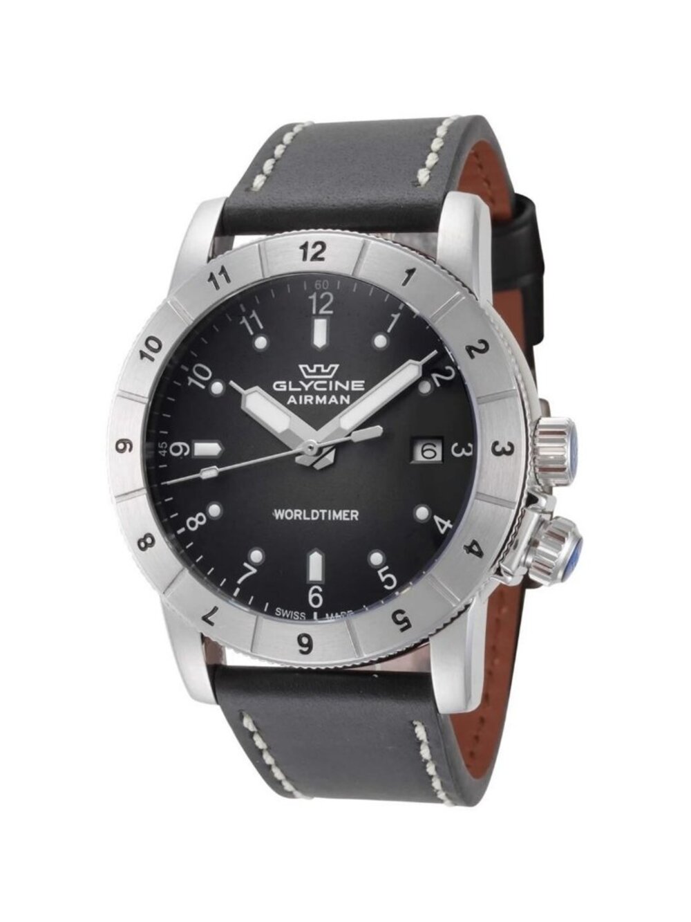 NWT Glycine Airman Contemporary Worldtimer Quartz Black Dial Men's Watch